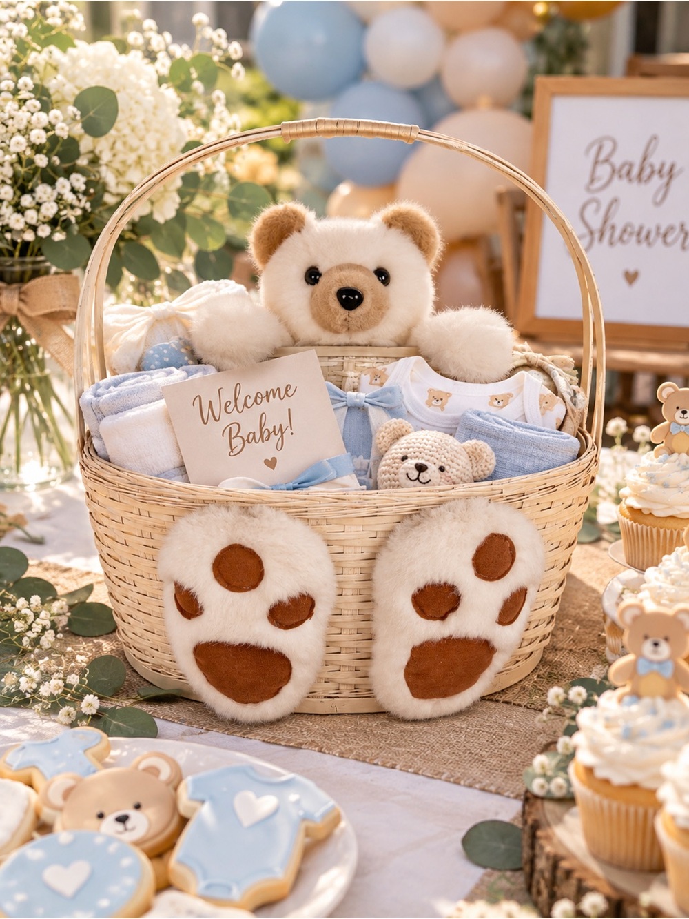Vintage Teddy Bear Wicker Basket Plush Nursery Baby Shower Gift Basket